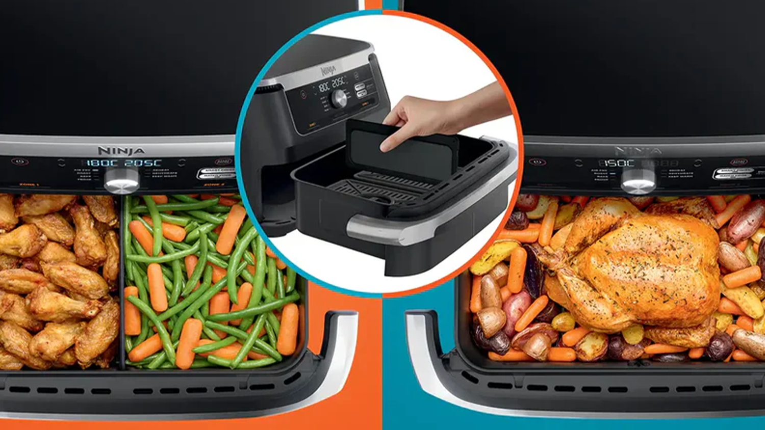 Usměvavá žena dávající na talíř řízky připravené v horkovzdušné fritéze Ninja AF500EU Foodie MAX FlexDrawer