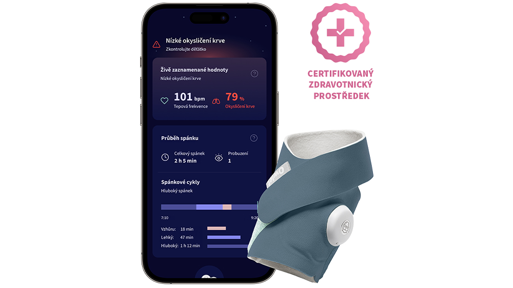 Mobilná aplikácia Owlet care zobrazená v mobilnom telefóne s inteligentnou ponožkou
