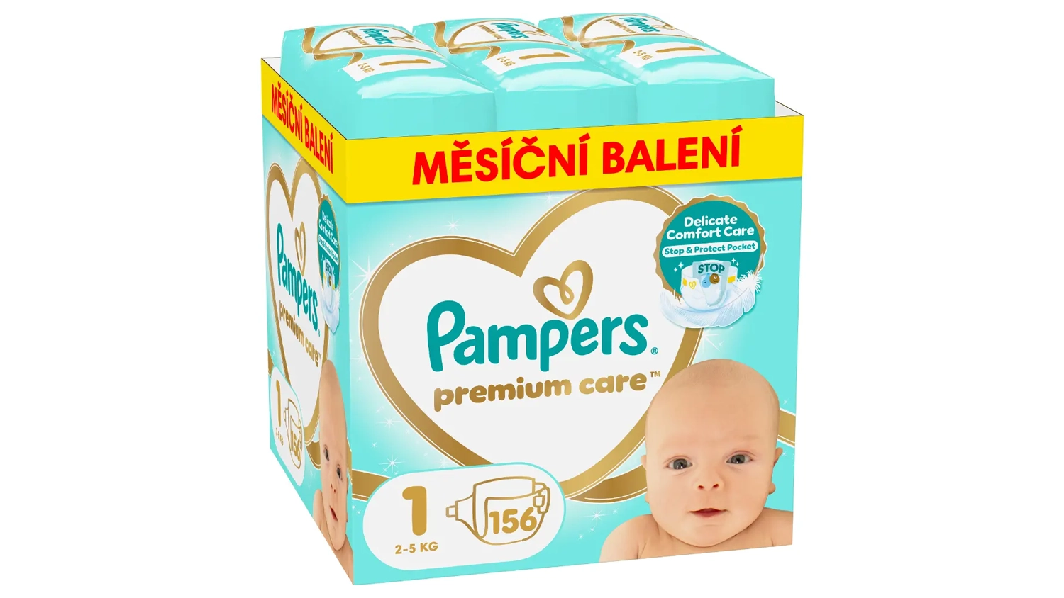 Balení plenek pro děti Pampers Premium Care 1, 156 ks přední pohled