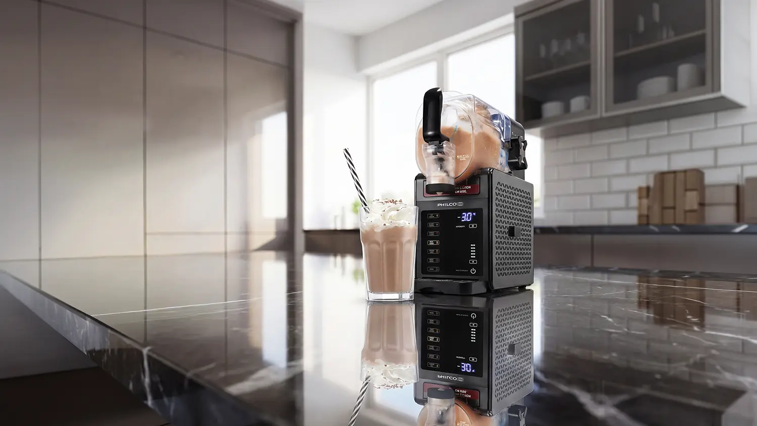 Vrobnk ledov třtě Slushie Machine Philco PSM 1712 postaven na kuchyňsk lince