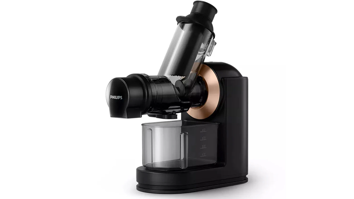 Odšťavňovač Philips Viva Collection HR1888/70 na bílém pozadí zobrazující celkový design a hlavní komponenty