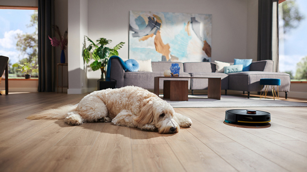 Robotick&yacute; vysavač Philips Series 2000 XU2100/10 vys&aacute;v&aacute; ob&yacute;vac&iacute; pokoj a obj&iacute;žd&iacute; psa, kter&yacute; lež&iacute; na podlaze_02