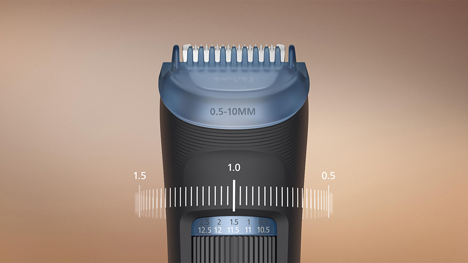 Detailný pohľad na hlavicu Zastrihávače fúzov BT3665/15 Philips Series 3000 s možnosťami nastavenia dĺžok