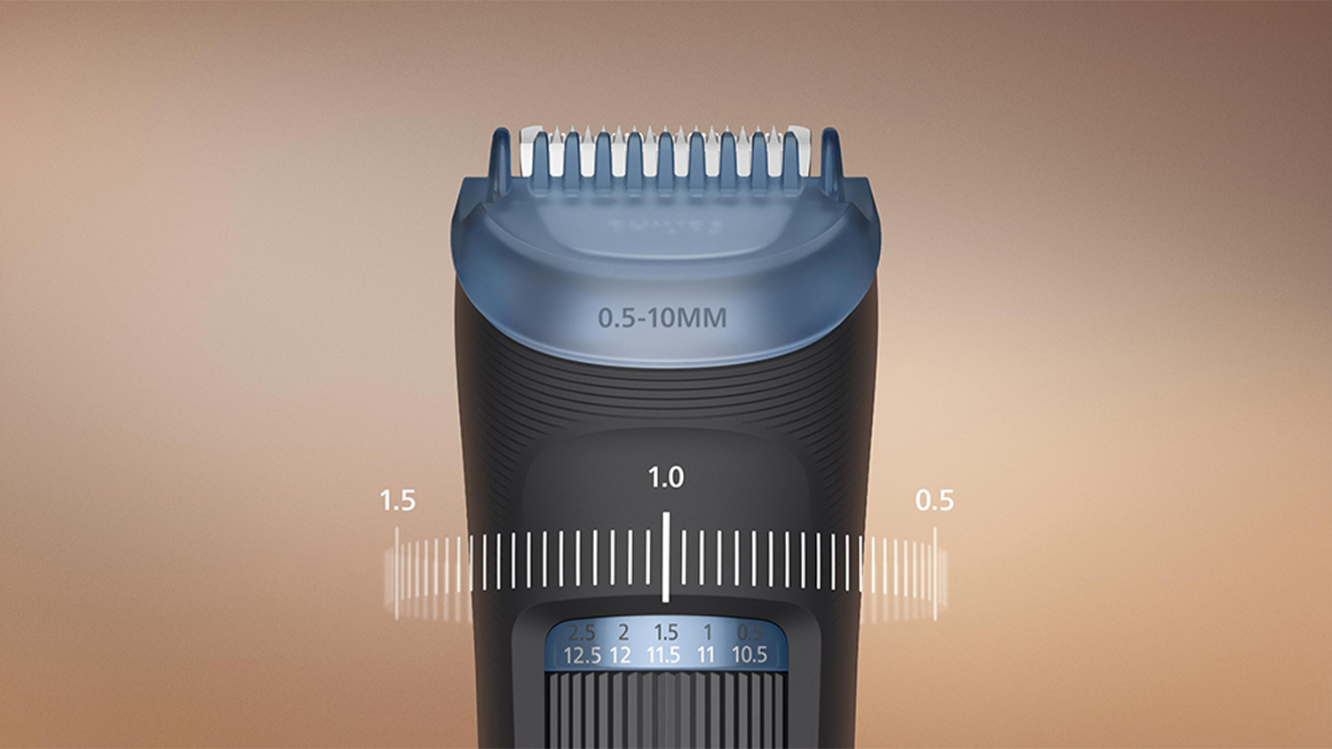 Zastrihávač fúzov BT3620/15 Philips Series 3000 s detailom na otočný regulátor.