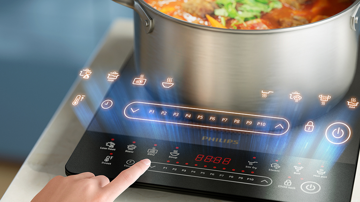 Indukční vařič Philips 5000 Series vyobrazující různá nastavení