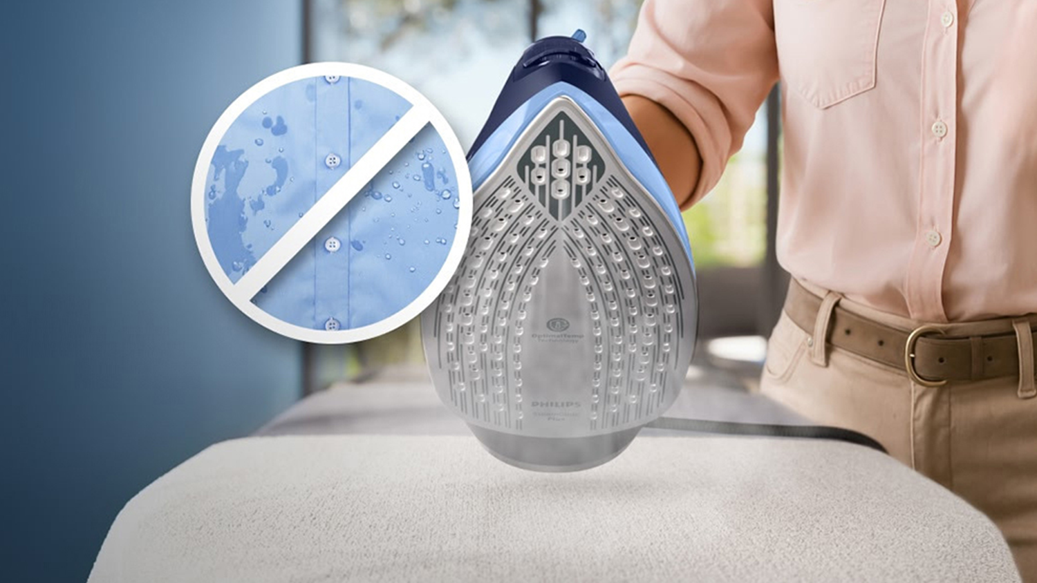 Napařovací žehlička Philips 6000 Series s názorně ukázaným systémem Drip Stop