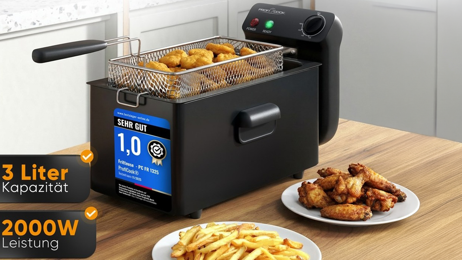 Fritéza ProfiCook FR 1325 s usmaženými pochoutkami na kuchyňské lince