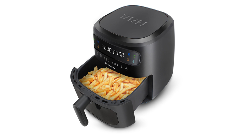 Vysunutý koš horkovzdušné fritézy Rohnson R-2807 s jídlem_03