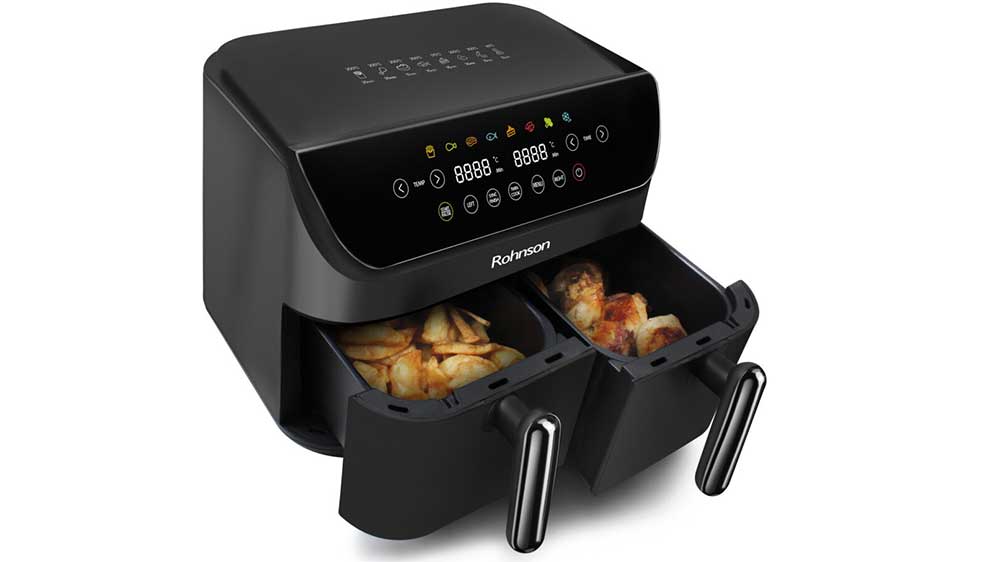 Vysunuté koše horkovzdušné fritézy Rohnson R-2809 s jídlem_03