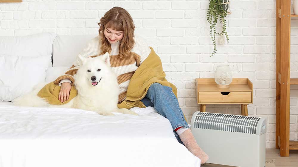 Deka na posteli a uvolněná žena se psem_02