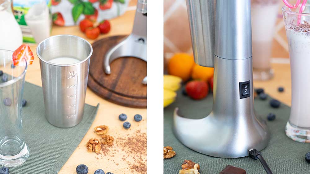 Mixér na frappé Rohnson R-4410 Rocket a 500ml nerezová mixovací nádoba naplněná mlékem_02