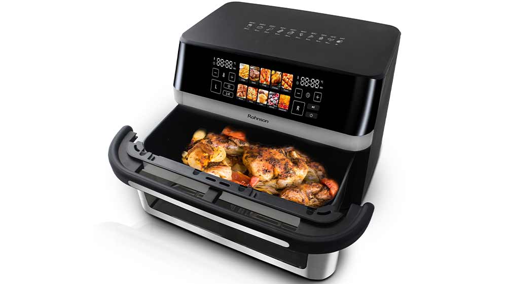 Horkovzdušná fritéza Rohnson R-2882 s připravovaným pokrmem uvnitř_03
