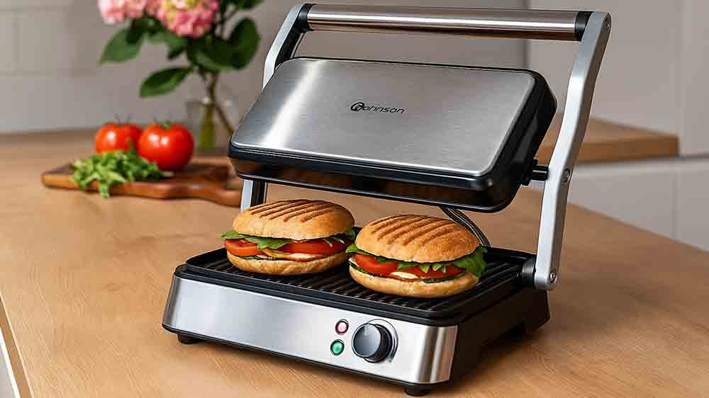 Minigril sendvičovač položen&yacute; na kuchyňsk&eacute; lince, ve kter&eacute;m se připravuj&iacute; obložen&eacute; chleby_03