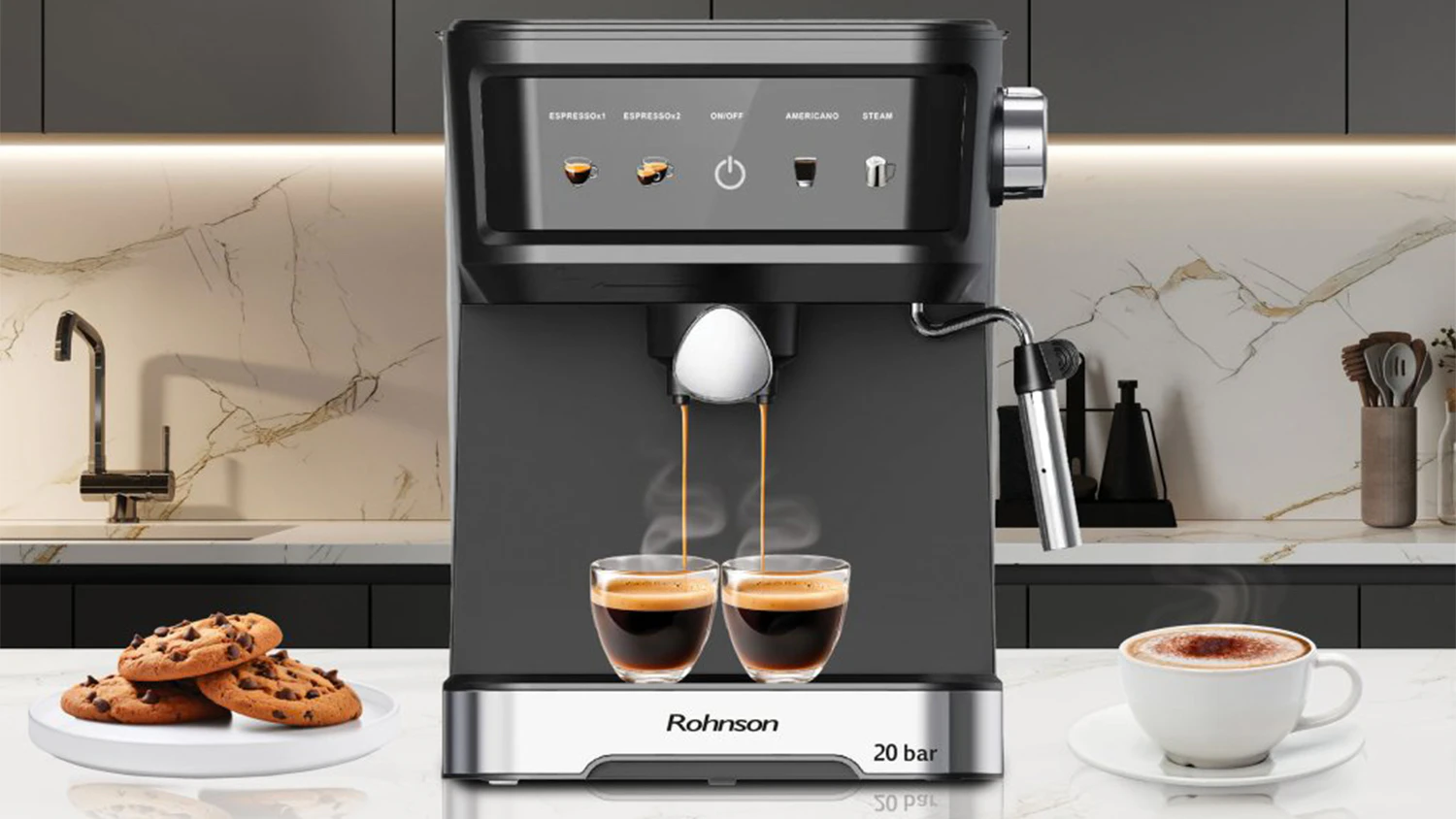 K&aacute;vovar Rohnson R-98035 připravuje 2 k&aacute;vy, vedle kol&aacute;čky a cappuccino