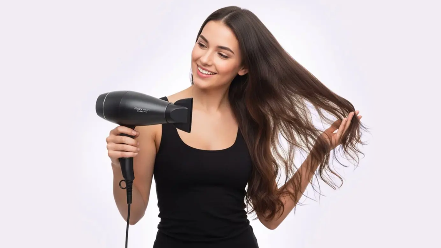 Žena si f&eacute;nuje vlasy s f&eacute;nem Rohnson R-690 SilkDry Pro