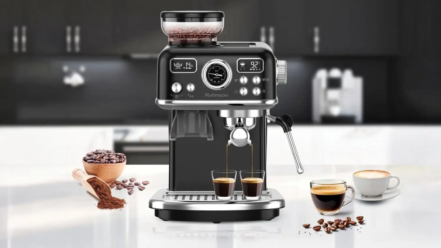 Pákový kávovar Rohnson Espresso R-98250B v domácnosti připravuje 2 šálky najednou