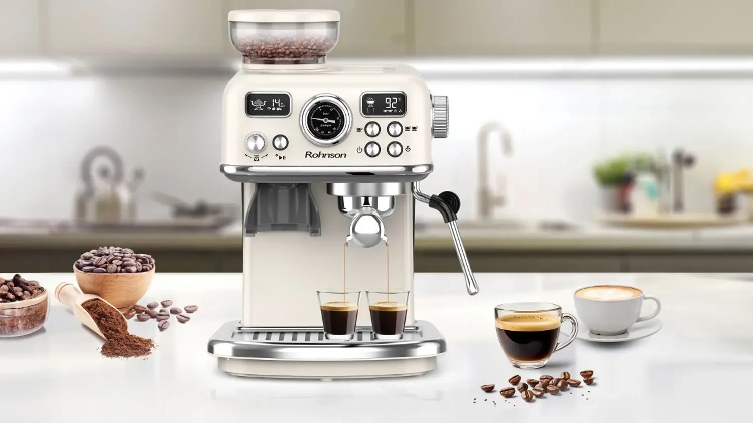 P&aacute;kov&yacute; k&aacute;vovar Rohnson Espresso R-98250C v dom&aacute;cnosti připravuje 2 &scaron;&aacute;lky najednou