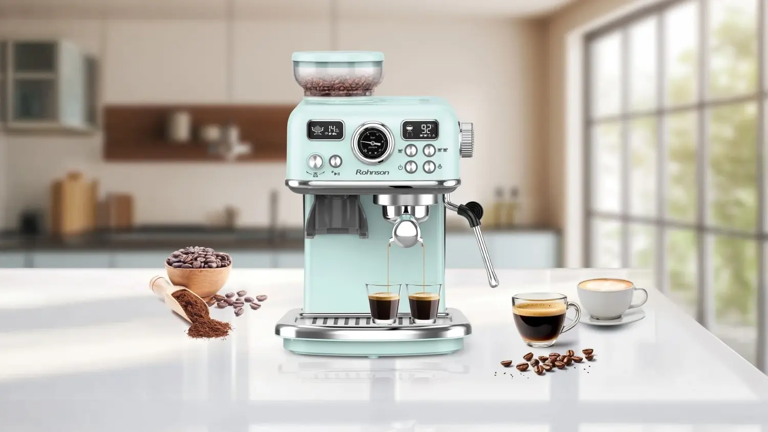 P&aacute;kov&yacute; k&aacute;vovar Rohnson Espresso R-98250G v dom&aacute;cnosti připravuje 2 &scaron;&aacute;lky najednou
