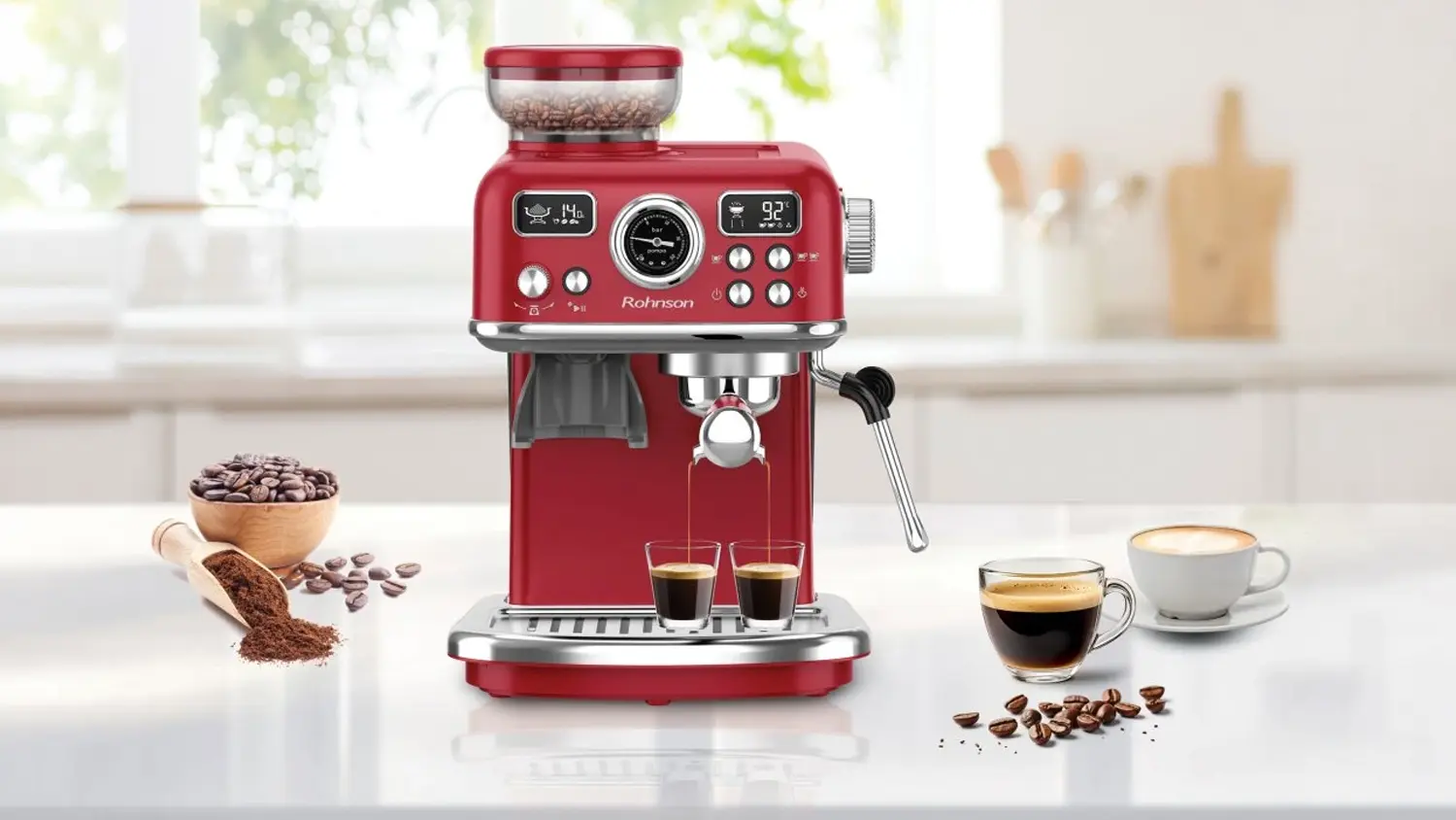 Pákový kávovar Rohnson Espresso R-98250R v domácnosti připravuje 2 šálky najednou
