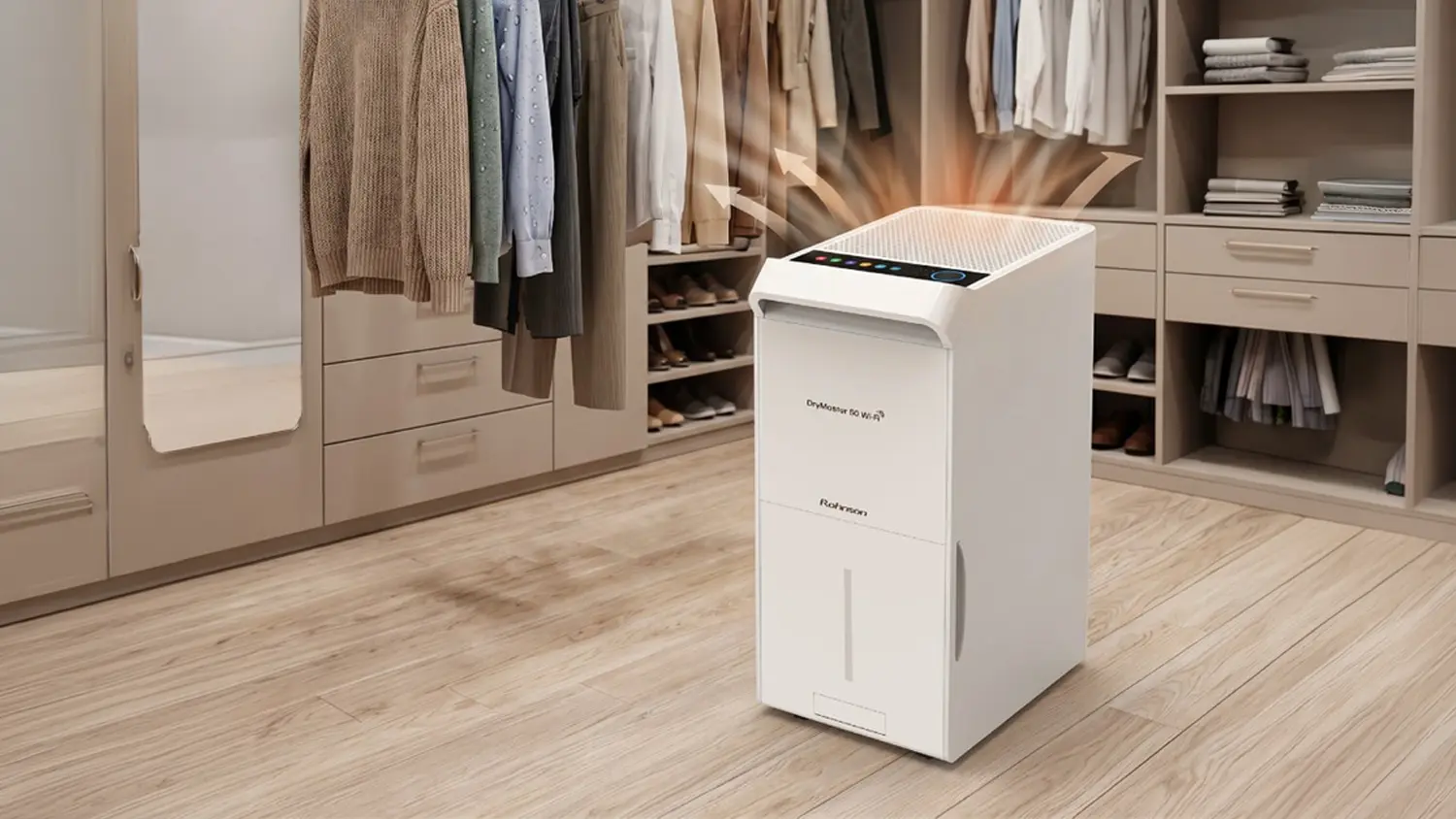 Odvlhčovač Rohnson R-91350 DryMaster 50 využitý při sušení oblečení