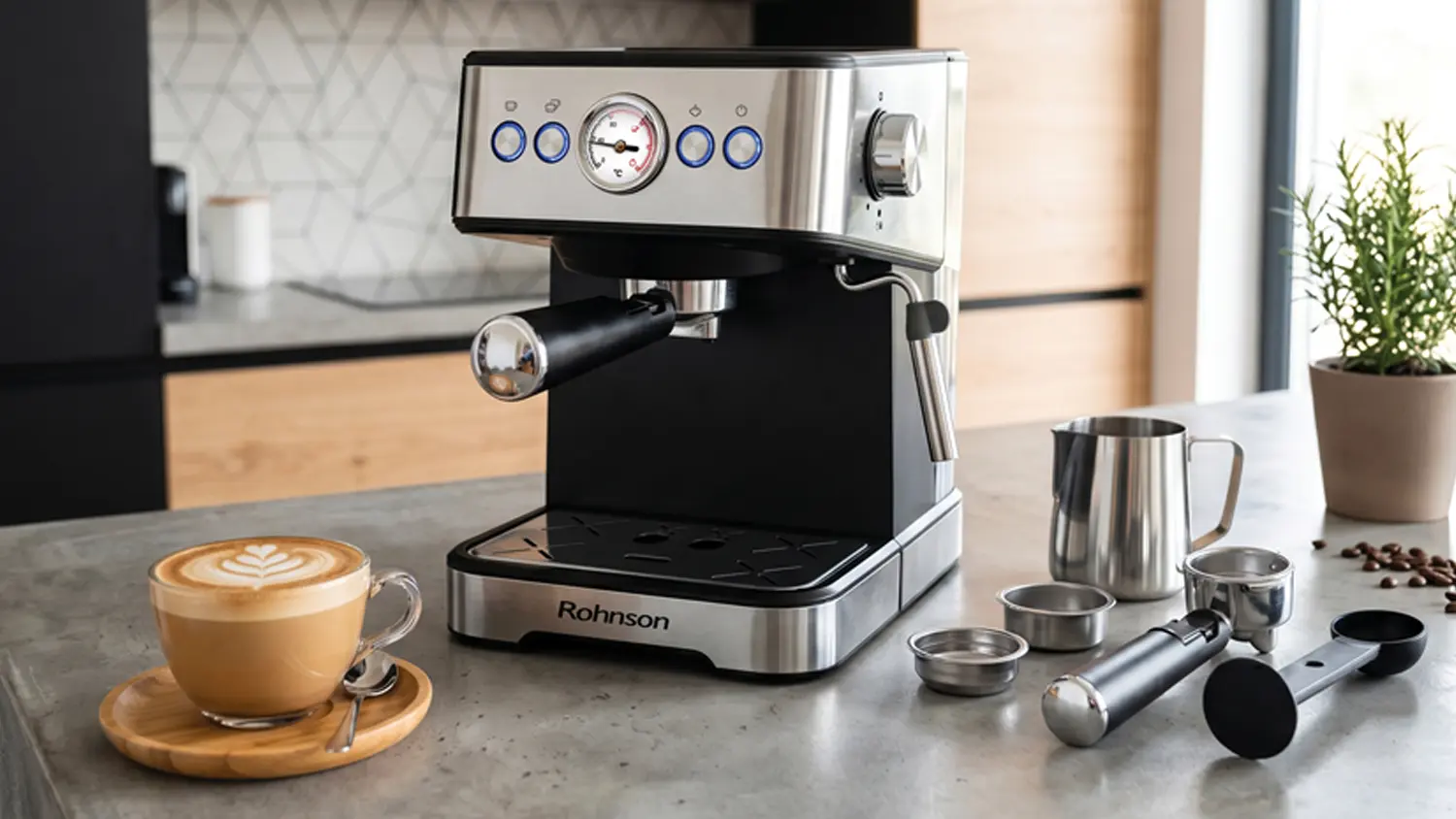 Pákový kávovar Rohnson Espresso R-98034 s příslušenstvím na kuchyňské lince