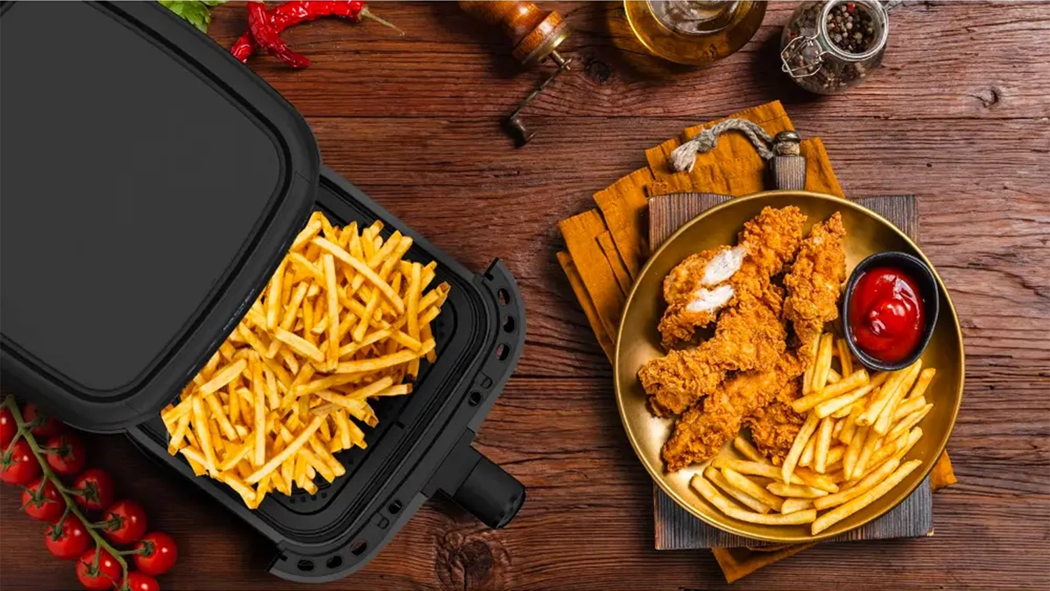 Horkovzdušná fritéza Salente HotAir 2v1 Black 4,3 horní pohled a vedle talíř se stripsy a hranolkami