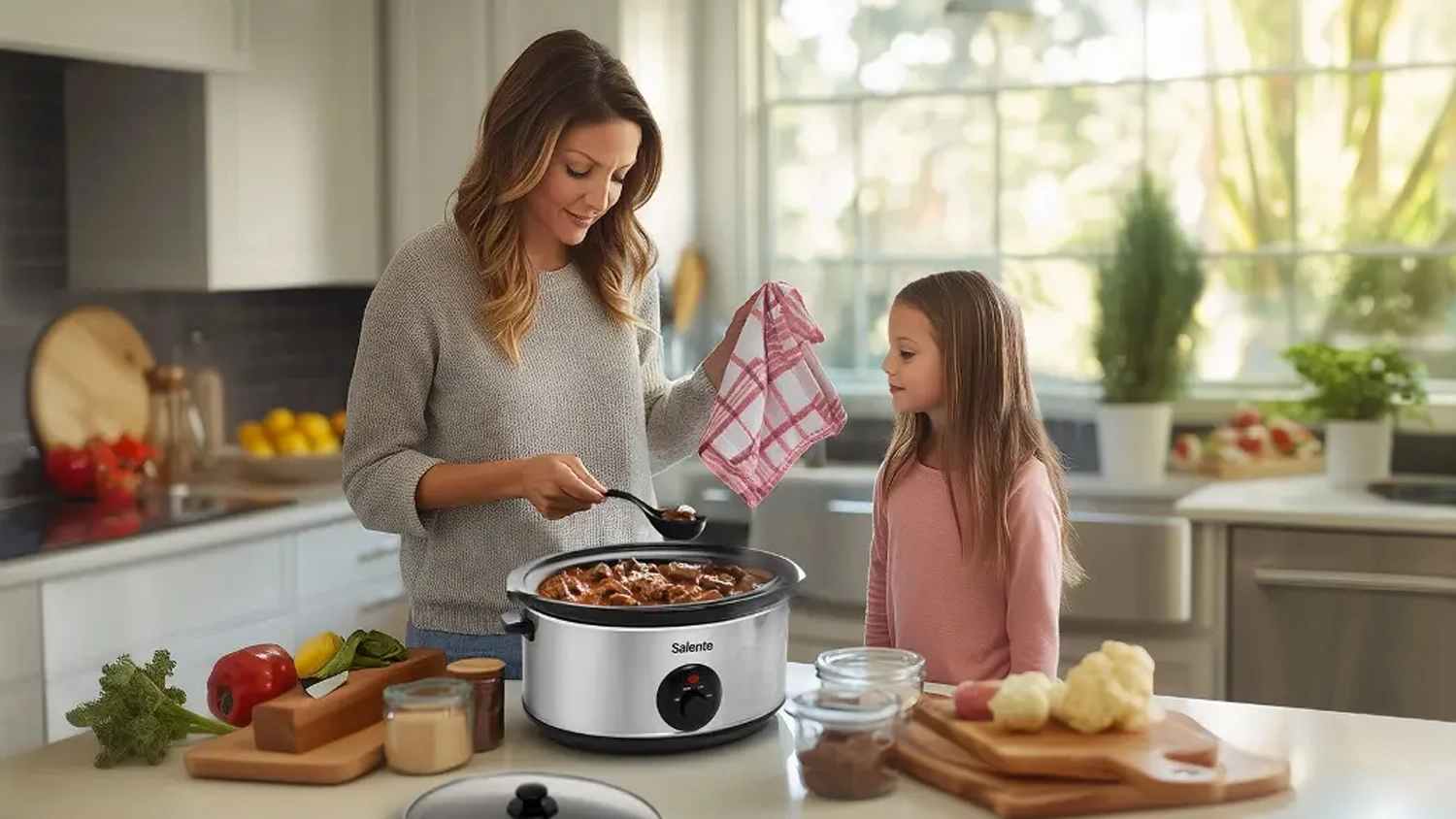 Žena s dcerou vaří v pomalýém hrnci Salente HotPot 6,5 l