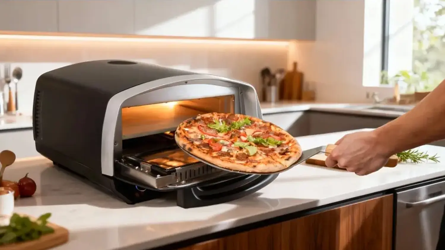 Dávání pizzy do pece Salente Vulcano