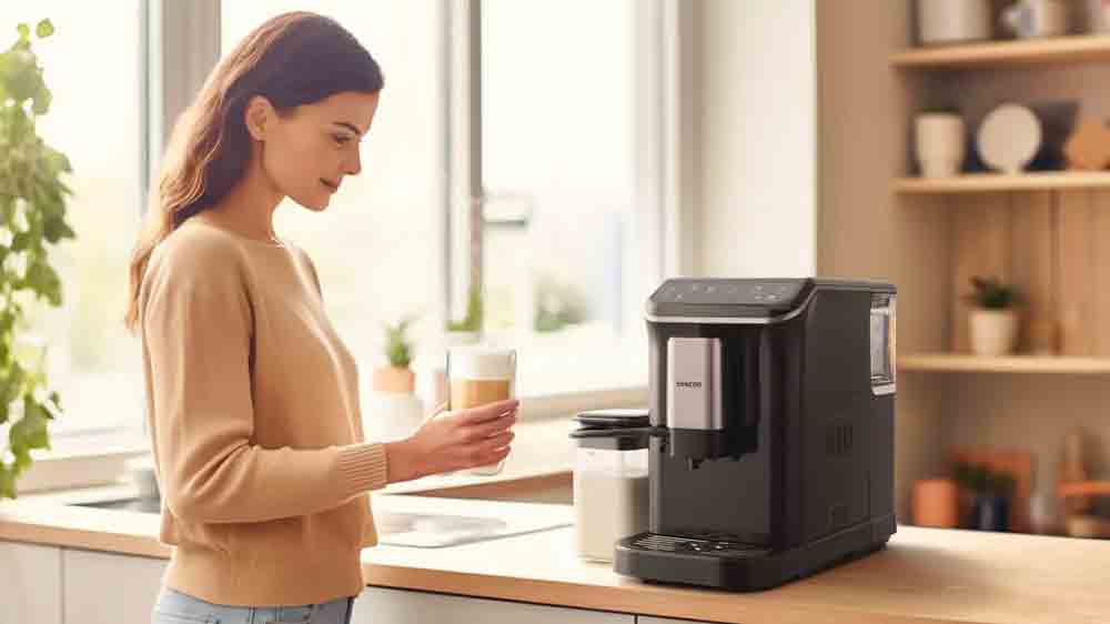 Žena s k&aacute;vou pri automatickom k&aacute;vovare Sencor SES 8100BK