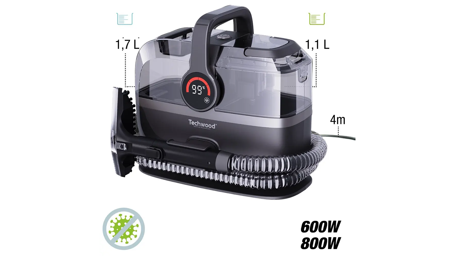 Parní tepovač Techwood TAN7066V s uvedenou kapacitou nádrží a příkonem
