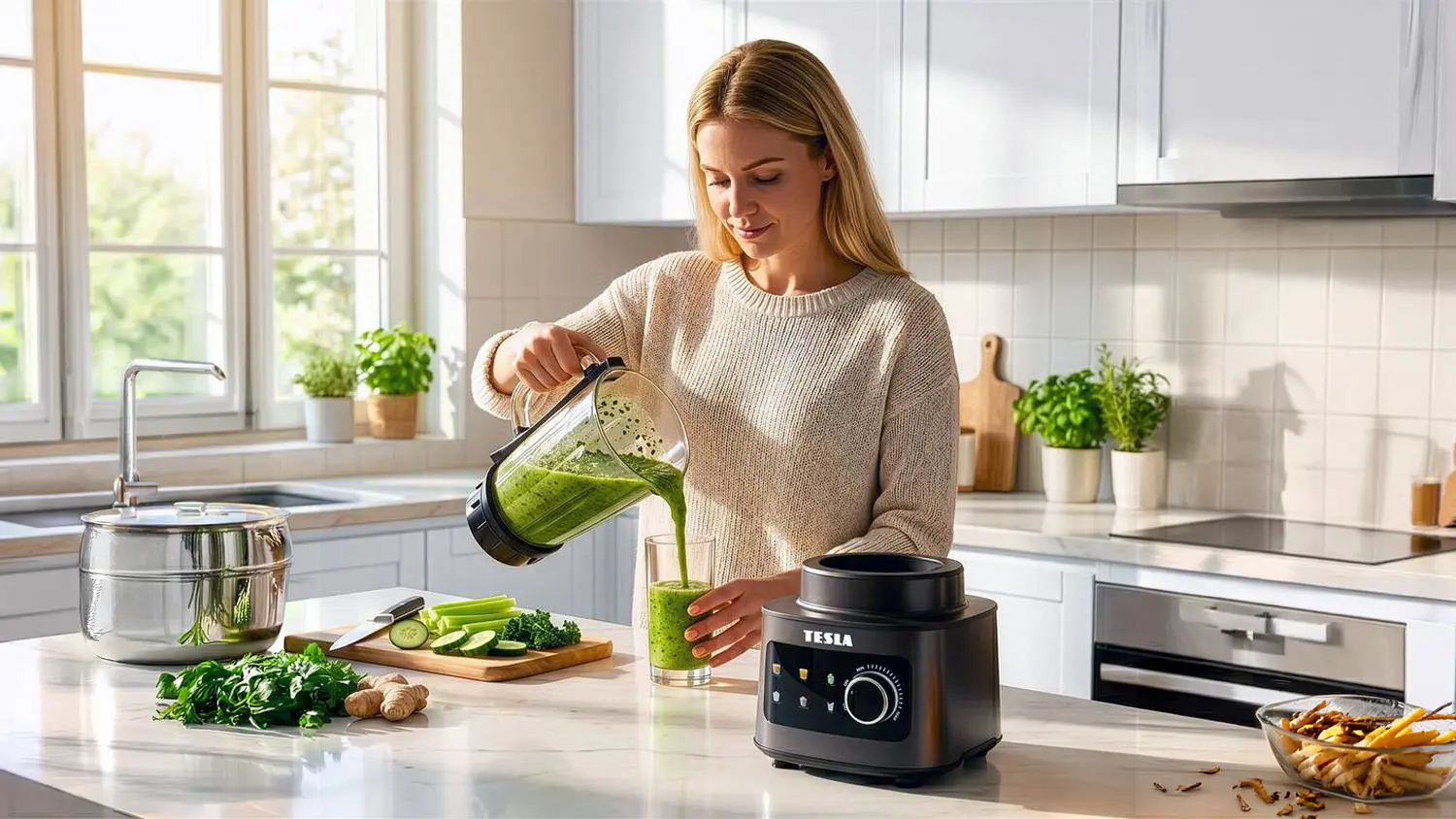 Žena u stolního mixéru Tesla CrunchX Power NF650 si nalévá smoothie