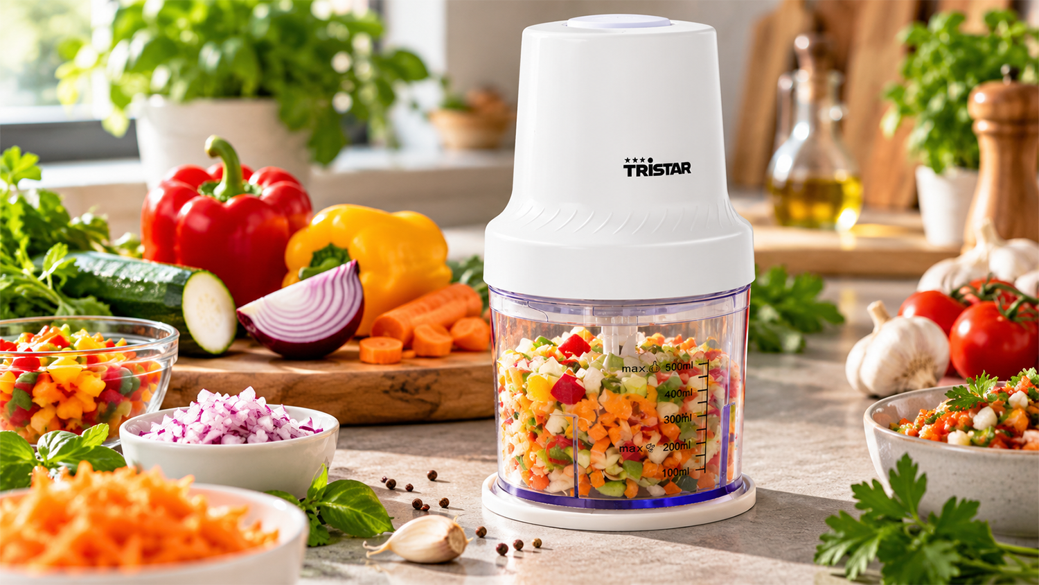 Sek&aacute;ček potravin Tristar BL-4023 na kuchyňsk&eacute; lince s ingrediencemi