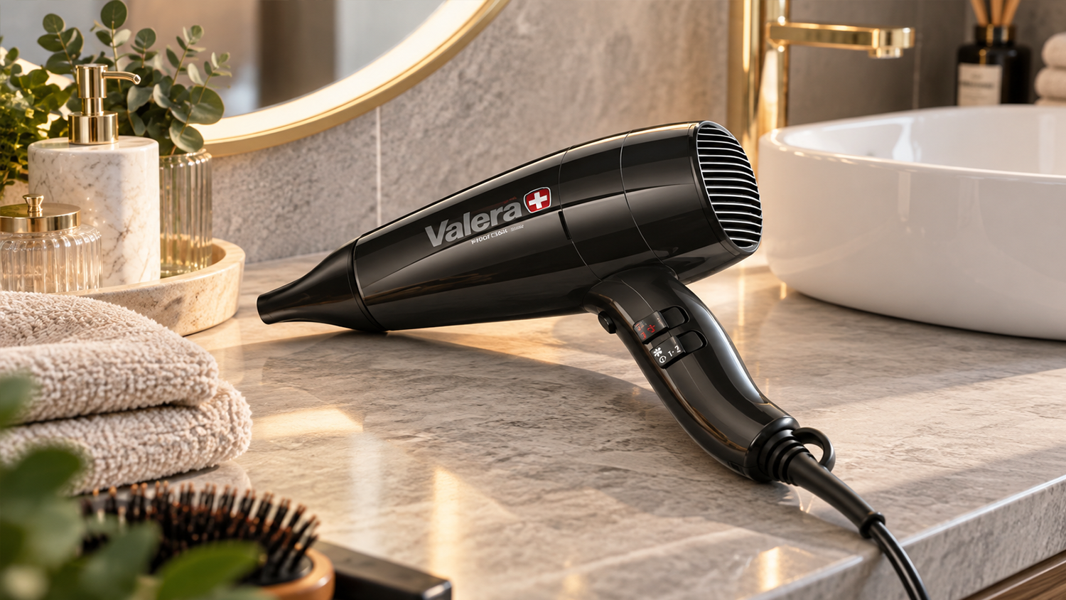 F&eacute;n na vlasy Valera Swiss Light 3200 položen&yacute; v koupelně