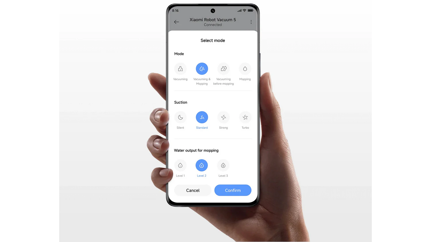 Telefon s aplikac&iacute; na ovl&aacute;d&aacute;n&iacute; robotick&eacute;ho vysavače Xiaomi Robot Vacuum 5