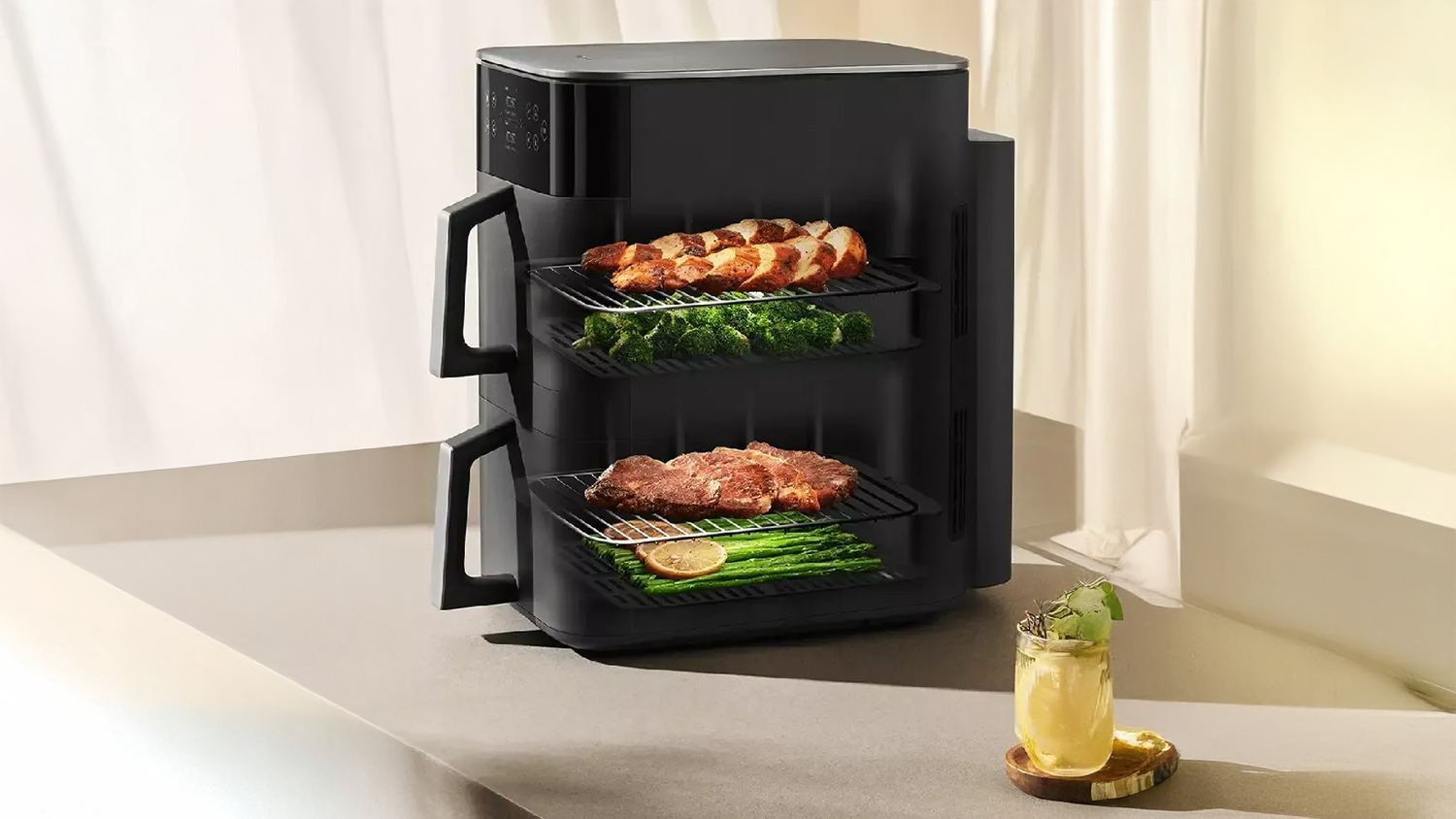 Pečení masa a zeleniny v Horkovzdušné fritéze Air Fryer Xiaomi Dual Zone