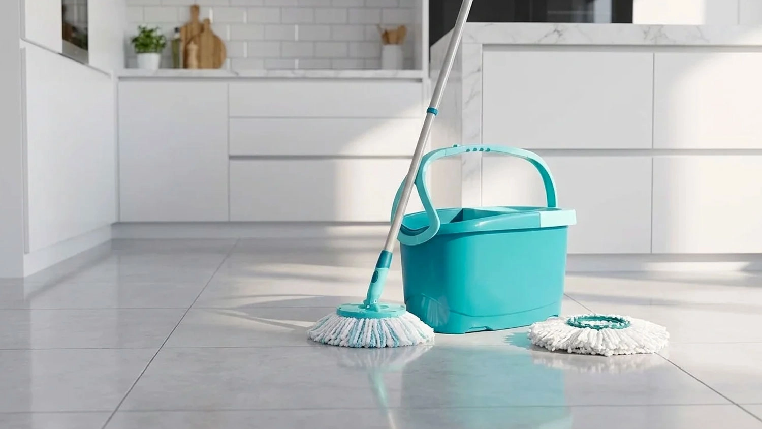 Třásňový mop Leifheit Clean Twist Disc s tyrkysovým vědrem a náhradní hlavicí na podlaze.