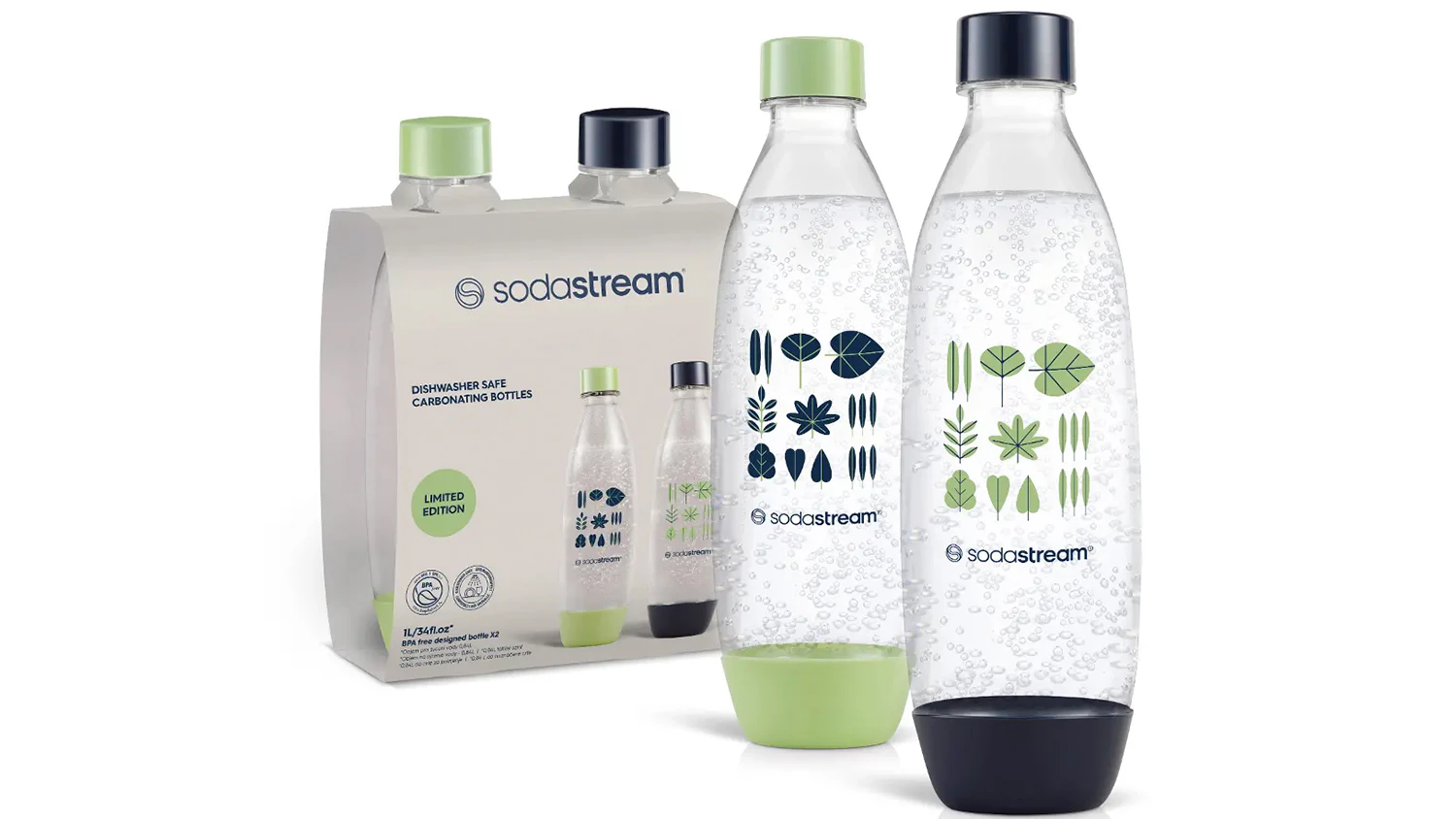 N&aacute;hradn&eacute; fľa&scaron;e Sodastream FUSE Twin Pack Green/Blue 1 l v modrej a zelenej farbe