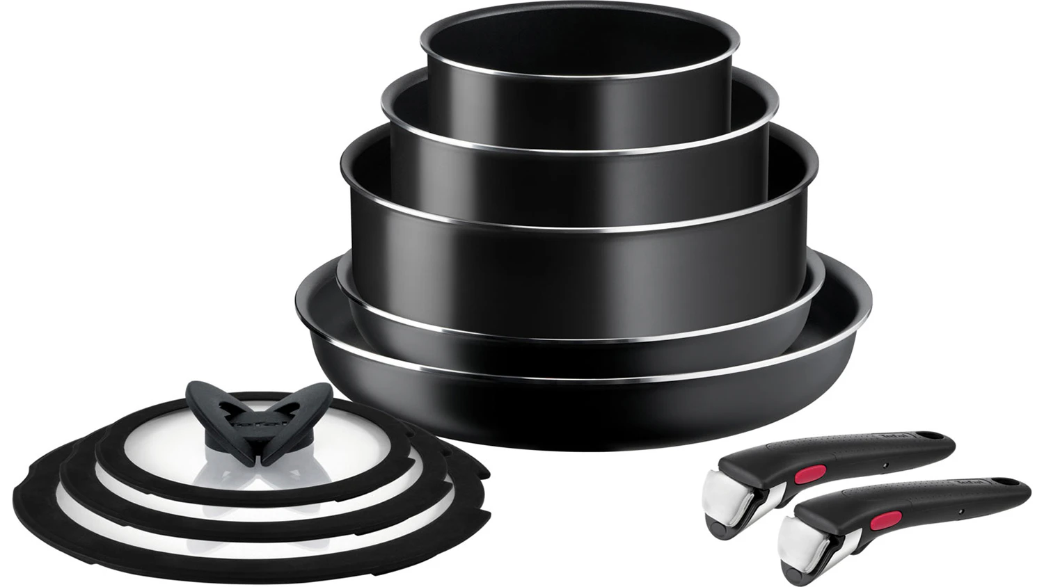 Sada nádobí Tefal Ingenio Easy Cook & Clean L1539053 na bílém pozadí ukazující kompletní 10dílnou sadu