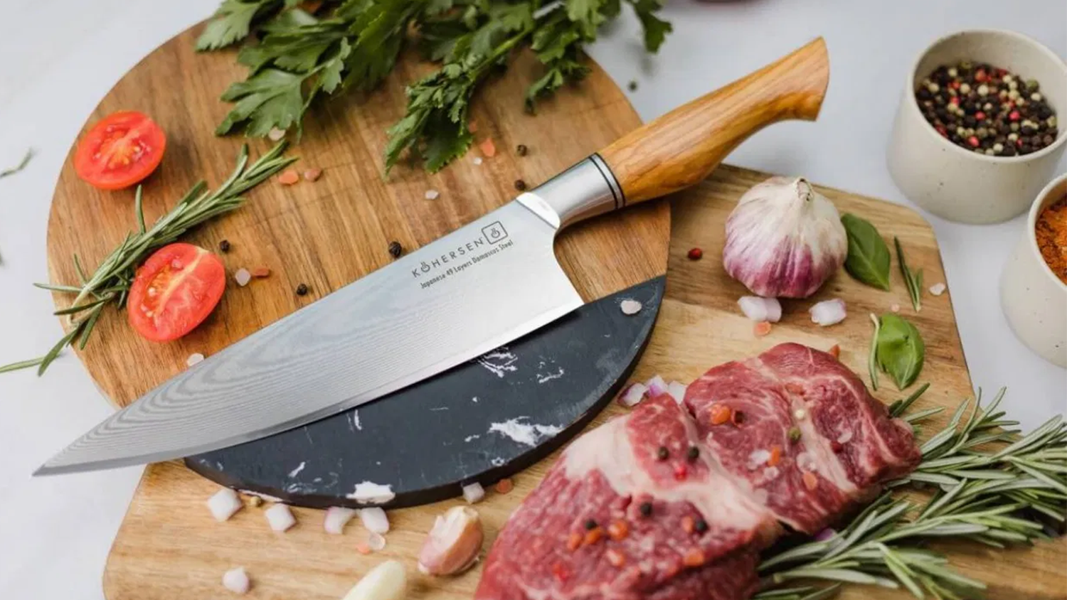 Nůž Kohersen Professional Olive Wood (21,6 cm) na prk&eacute;nku s masem