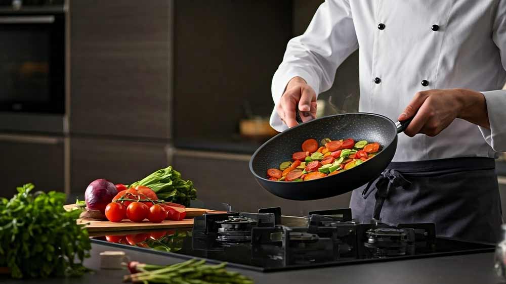 Kuchař smaží zeleninu na pánvi_03
