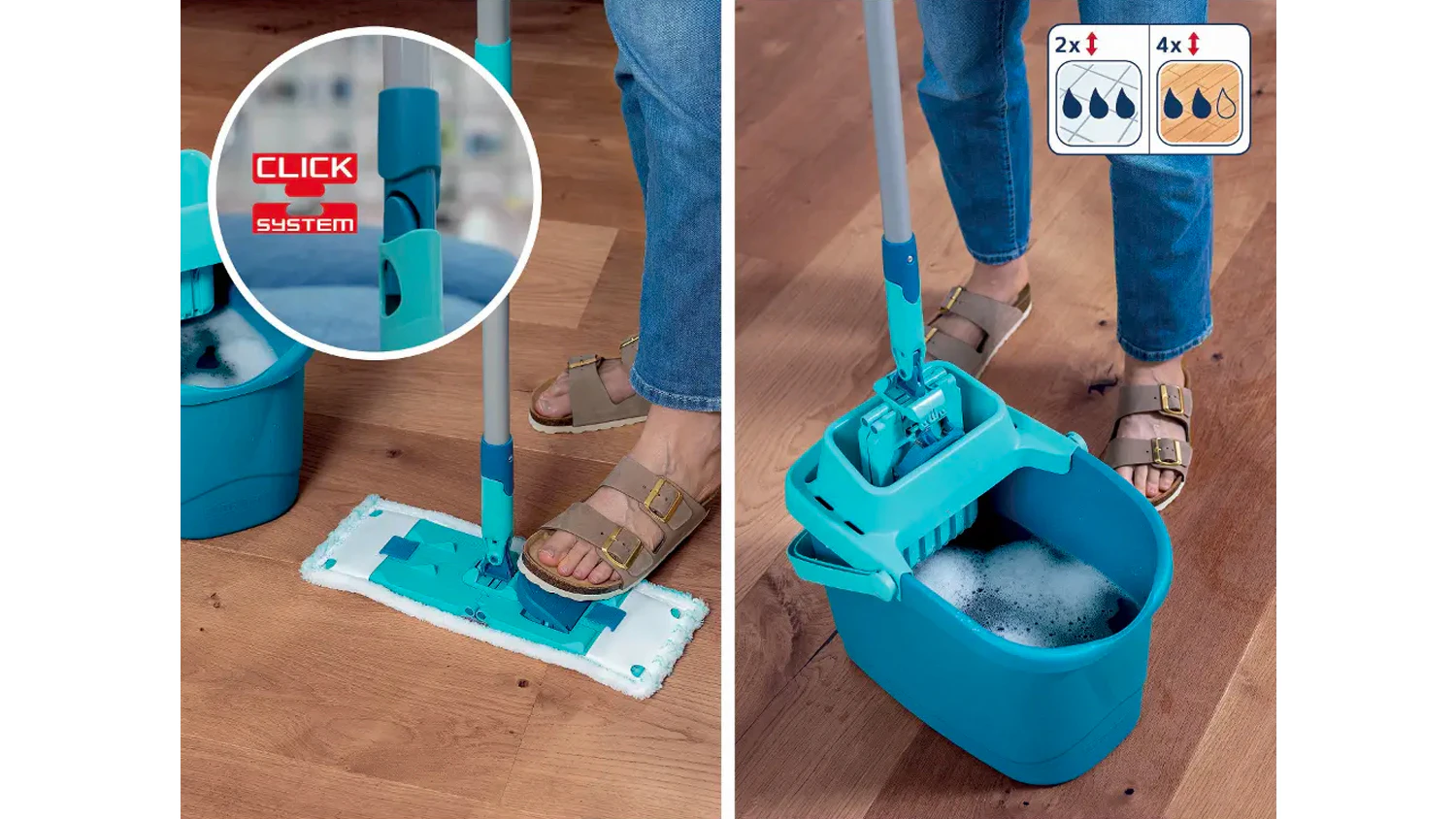 Sada mopu Leifheit POWER CLEAN M 55510 při použití na podlaze s důrazem na snadné ždímání bez dotyku rukou