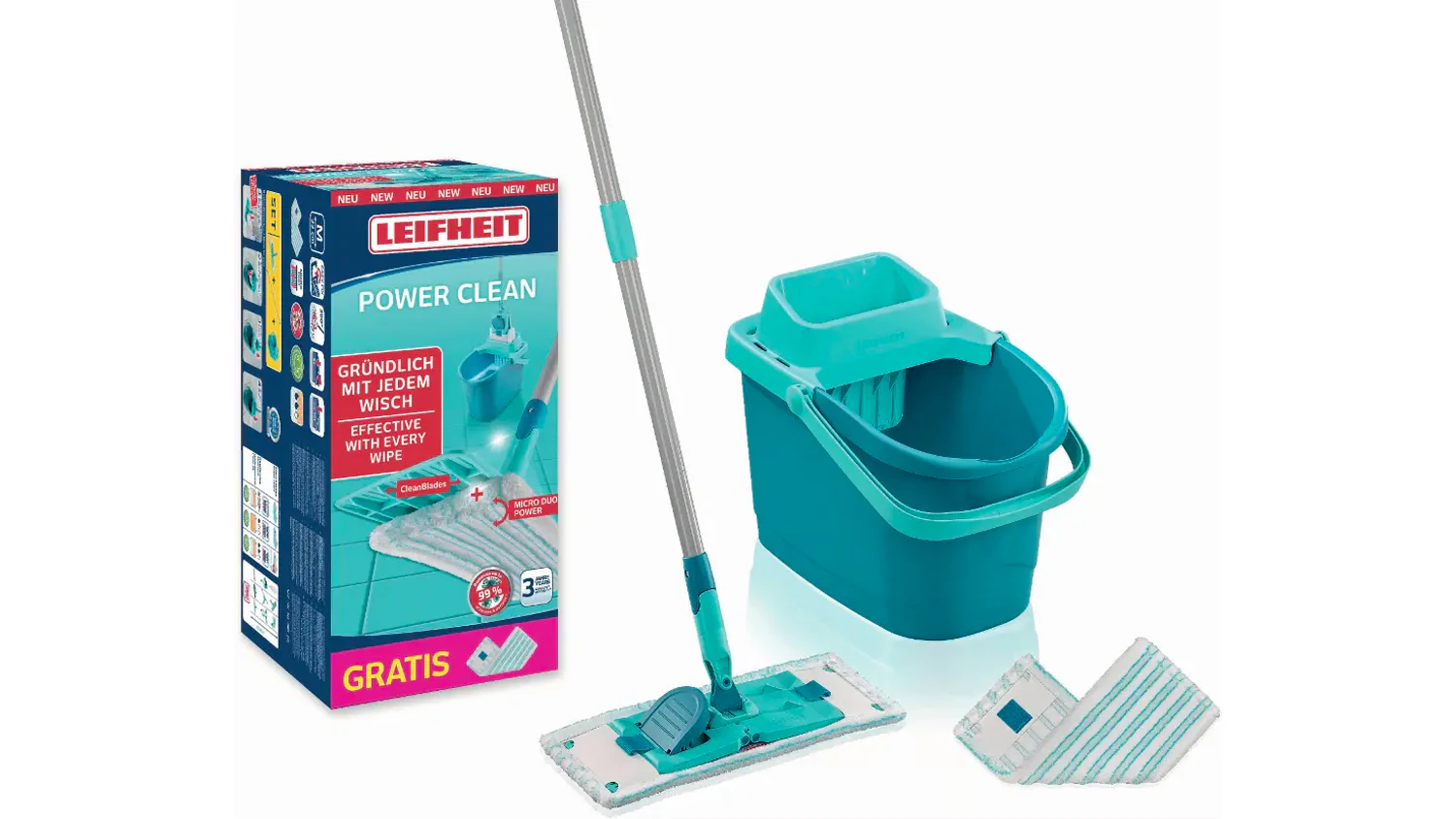 Sada mopu Leifheit PowerClean M 55515 na bílém pozadí, zobrazující kompletní set s kbelíkem a mopem