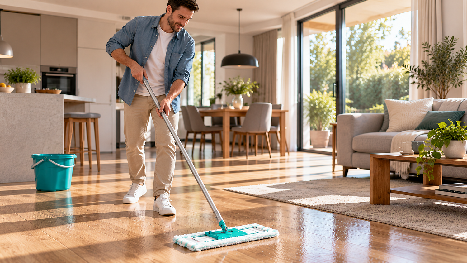 Muž vytírá podlahovým mopem Leifheit PROFI XL Micro Duo 55393