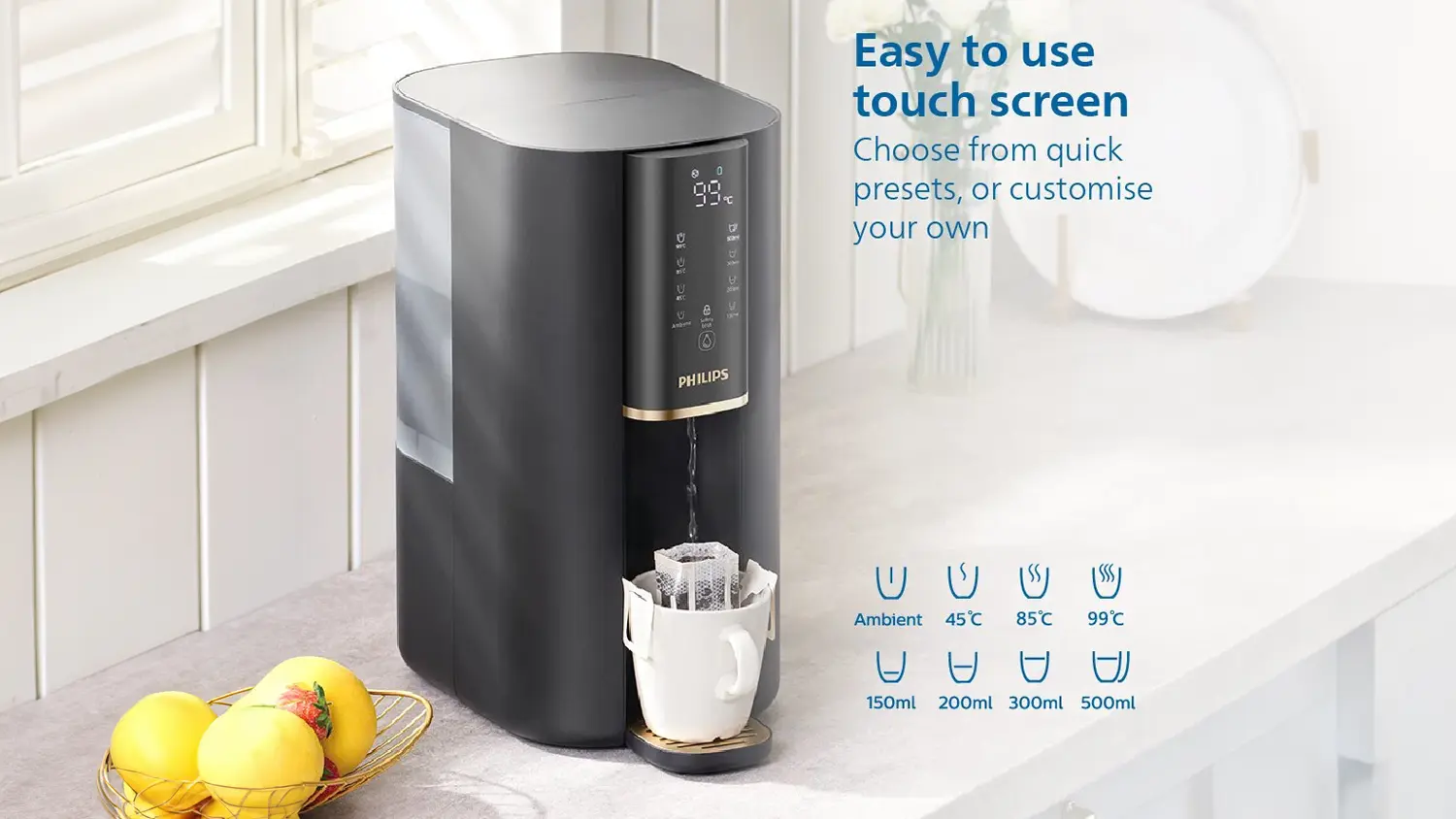 Možnosti nastaven&iacute; vody a objemu na v&yacute;dejn&iacute;ku Philips ADD6901HBK01/10
