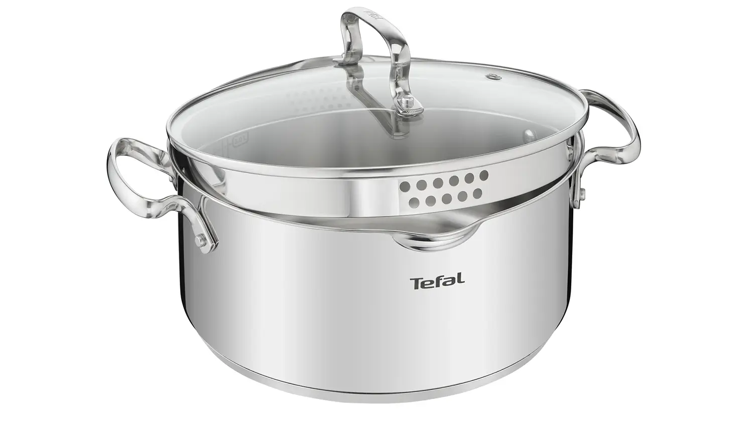 Hrnec s poklic&iacute; Tefal Duetto+ G7194355 18 cm ukazuj&iacute;c&iacute; kvalitn&iacute; zpracov&aacute;n&iacute; nerezov&eacute; oceli.