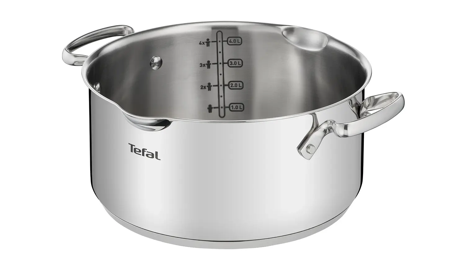 Kastrol Tefal Duetto+ G7194455 s ukázkou praktických funkcí jako jsou odlévací hubička a měrkové rysky.