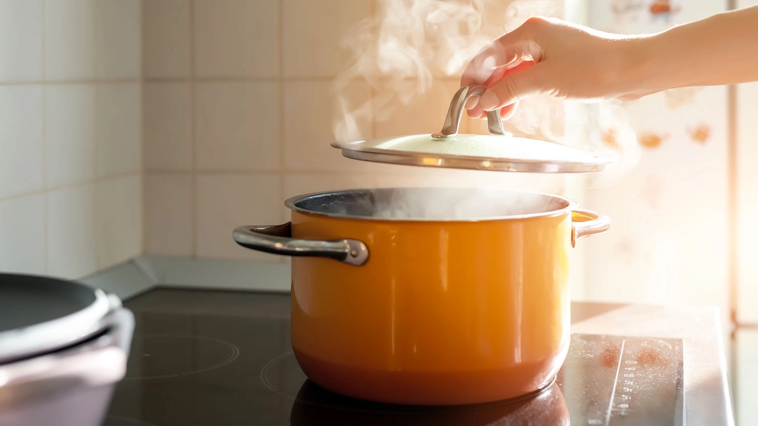 Ruka nadzvedává poklici z oranžového hrnce na varné desce, ze kterého stoupá horká pára.