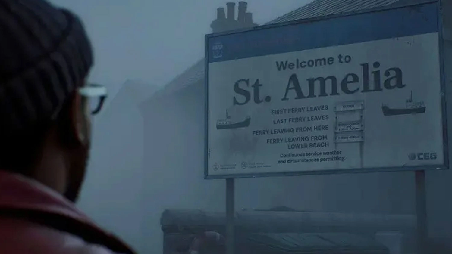 Muž v br&yacute;l&iacute;ch a čepici sleduje v hust&eacute; mlze informačn&iacute; tabuli s n&aacute;pisem Welcome to St. Amelia.
