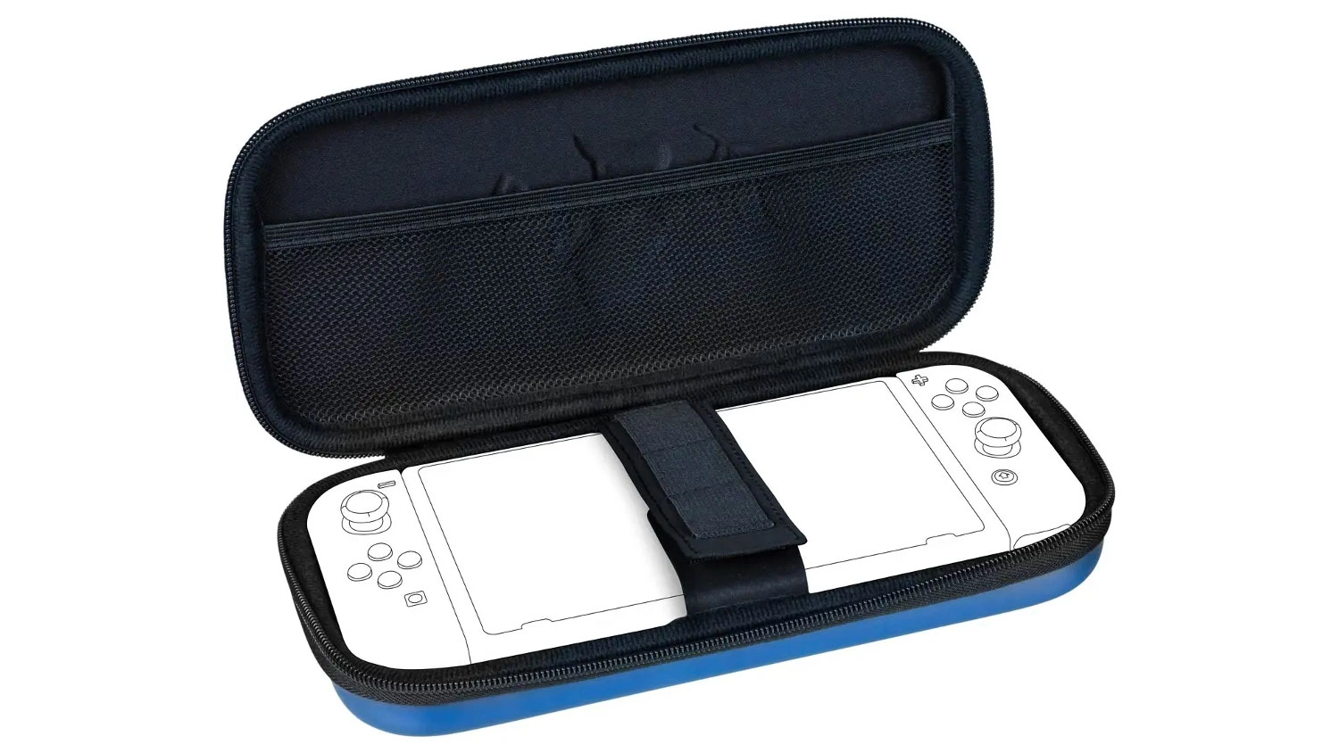 Otevřen&eacute; pouzdro Nacon pro Nintendo Switch s vnitřn&iacute; s&iacute;ťovanou kapsou a p&aacute;skem pro upevněn&iacute; konzole.