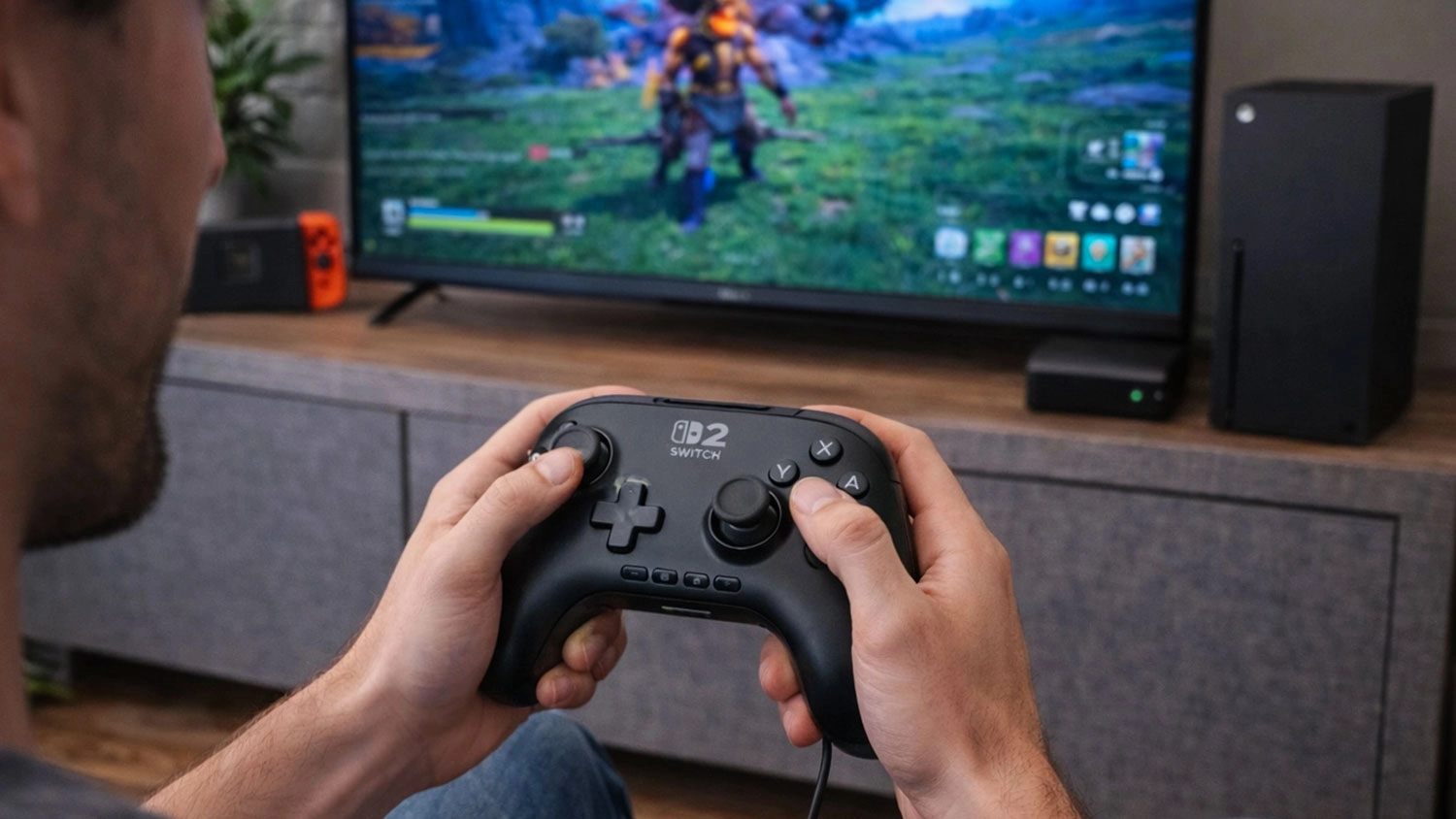 Muž hraje na gamepadu PowerA Advantage na televizi